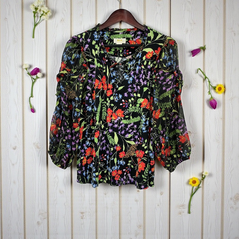 Maeve Anthropologie Black Floral Print Tie Neck Peasant Blouse Size Small - Picture 2 of 5